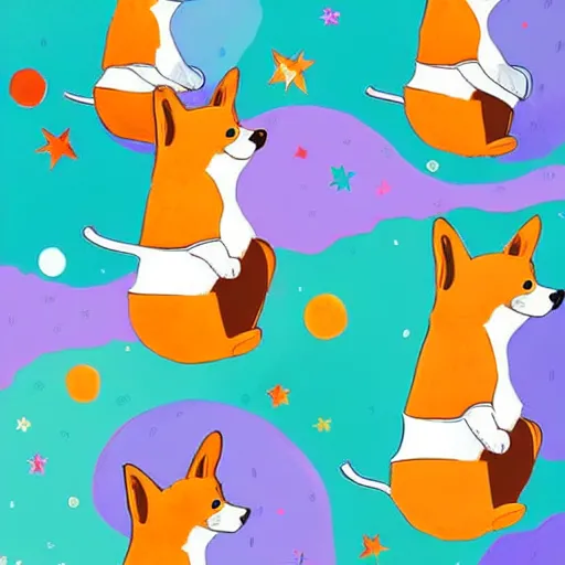 Prompt: beautiful illustration of a corgi floating in space, colorful, happy