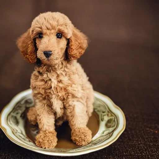 Prompt: very realistic cute light brown poodle puppy sitting inside a tea cup