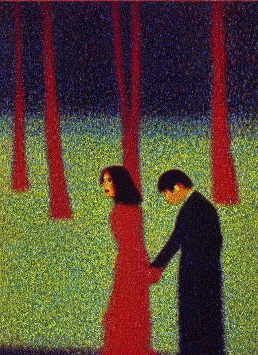 Image similar to a film still of suspiria by dario argento 1 9 7 7 movie, painted by georges seurat, impressionism, pointillism, high quality, detailed