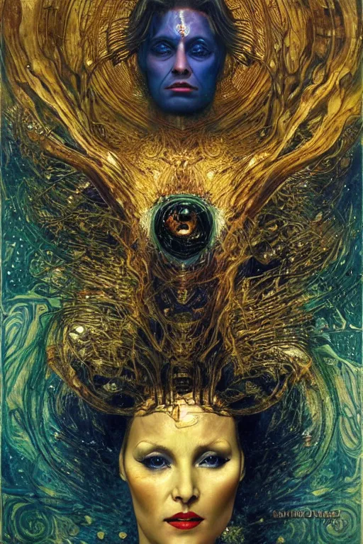 Image similar to Intermittent Chance of Chaos Muse by Karol Bak, Jean Deville, Gustav Klimt, and Vincent Van Gogh, Surreality, enigma, Loki's Pet Project, destiny, Poe's Angel, fate, inspiration, muse, otherworldly, fractal structures, arcane, ornate gilded medieval icon, third eye, spirals