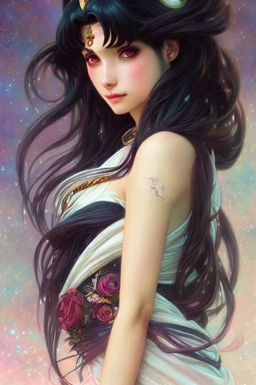 Image similar to a beautiful girl with long dark hair and bangs, sailor moon aesthetic, fantasy, intricate, elegant, highly detailed, digital painting, artstation, concept art, matte, sharp focus, illustration, art by Artgerm and Greg Rutkowski and Alphonse Mucha