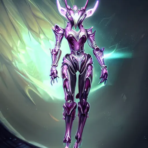 Image similar to highly detailed realistic exquisite fanart, of a beautiful female warframe, but as an anthropomorphic elegant robot female dragon, glowing eyes, shiny and smooth off-white plated armor, bright Fuchsia skin beneath the armor, sharp claws, well designed robot dragon dragon hands, and sharp elegant robot dragon feet, royal elegant pose, full body and head shot, epic cinematic shot, professional digital art, high end digital art, sci fi, DeviantArt, artstation, Furaffinity, 8k HD render, epic lighting, depth of field