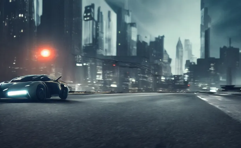 Image similar to A film still of the 2025 Batmobile prototype driving through Gotham at night, 8k