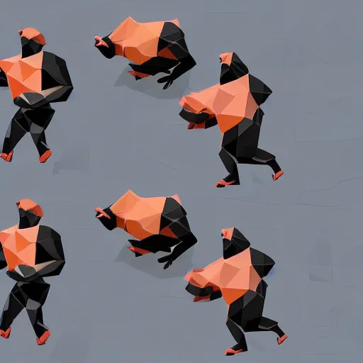 Image similar to gorillas without legs playing a game of tag in low poly video game. one of them has a lava texture