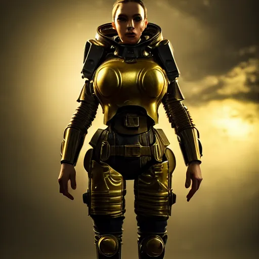 Prompt: unknown Fallout 5 character portrait, partially clothed in metal-plated ballistic armor, atmospheric lighting, painted, intricate, volumetric lighting, beautiful, golden hour, sharp focus, ultra detailed, by Leesha Hannigan, Ross Tran, Thierry Doizon, Kai Carpenter,Ignacio Fernández Ríos