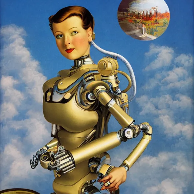 Image similar to robot artist painting a self - portrait on a canvas. intricate, highly detailed, digital matte painting in the style of alberto vargas and in the style of chris foss. irony, recursion, inspiration.