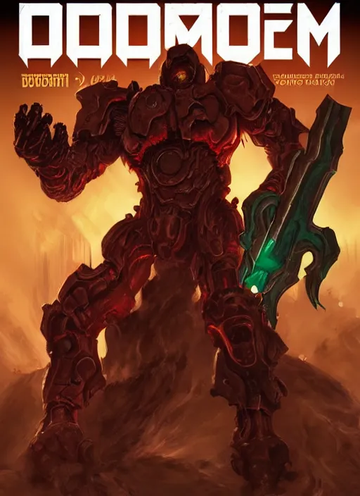 Image similar to ( doom ) cover featuring doom slayer!! cyberdemon!! by kenneth scott, artstation, vivid gaze