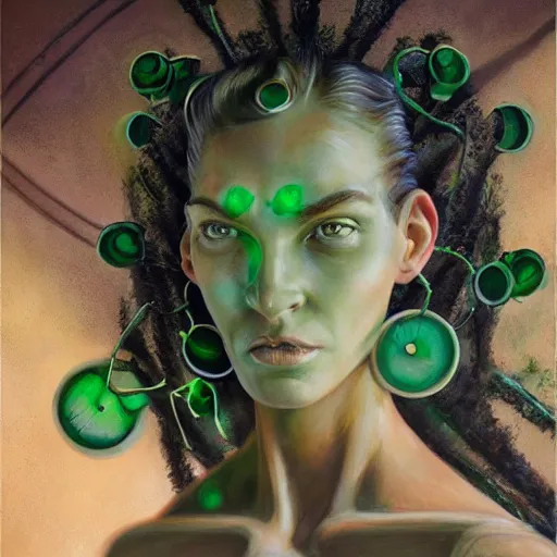 Image similar to detailed face of a woman with green eyes in a biomorphic courtyard with dna sculptures at a science expo, atmospheric, ambient, pj crook, syd mead, livia prima, artgerm, greg rutkowski, nick alm, casey baugh