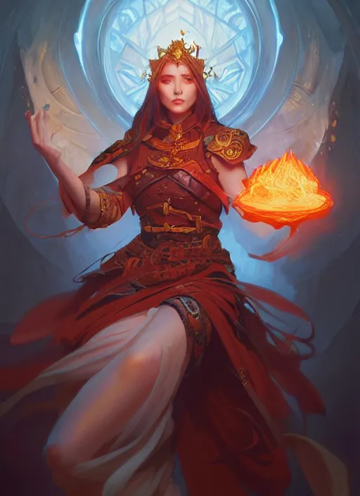 Image similar to fire wizard, deep focus, d & d, fantasy, intricate, elegant, highly detailed, digital painting, artstation, concept art, matte, sharp focus, illustration, hearthstone, art by artgerm and greg rutkowski and alphonse mucha