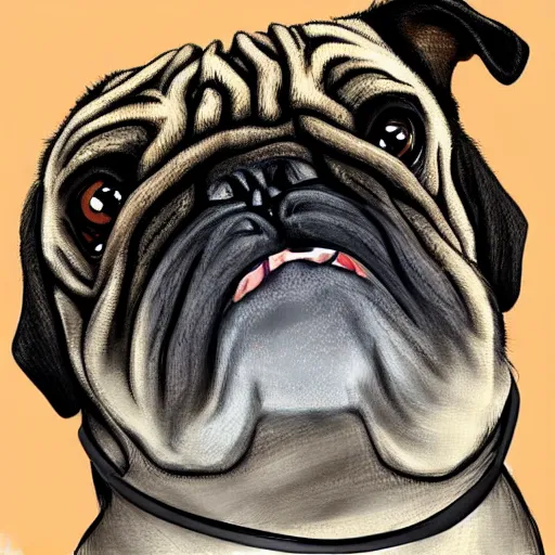 Prompt: vicious roaring pug by Milka Oxana, painterly, digital art. Trending on artstation, post processing, pen and ink work. sharp focus.