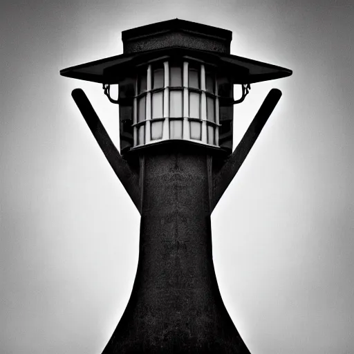 Image similar to the Babadook lurking underneath a street lamp in black and white