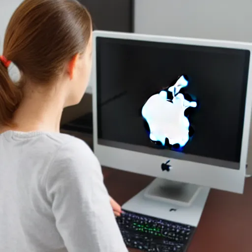 Image similar to cable plugged in, back of head, woman, apple computers