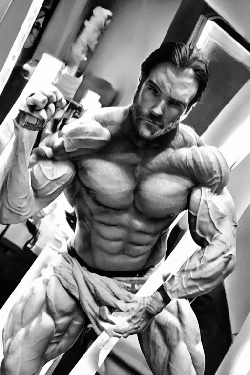 Image similar to Matthew Mercer is a jacked muscle builder gigachad, grayscale photography, Critical Role, Raised eyebrow