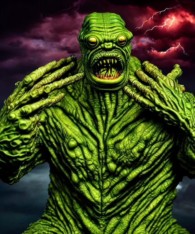 Image similar to hyperrealistic rendering, epic boss battle, cronenberg flesh monster creature from the black lagoon frankenstein, by art of skinner and richard corben, product photography, collectible action figure, sofubi, hottoys, storm clouds, outside, lightning