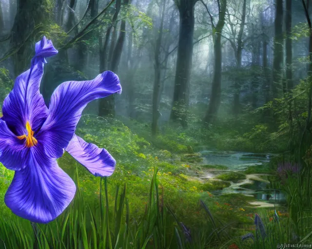 Prompt: detailed concept art of an iris flower in an magical forest by james gurney in the style of yoshitaka amano, depth of field, unreal engine, 8 k, sharpness, artstation, award - winning realistic sci - fi concept art, in the style of james gurney.