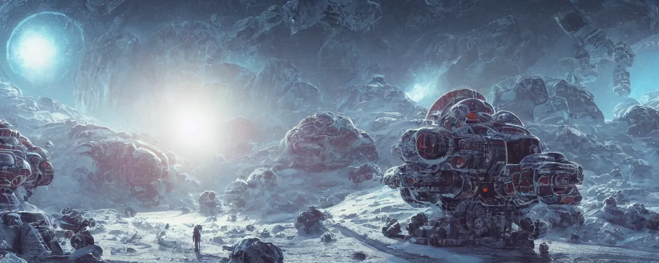 Image similar to outer planet covered with ice, mining robots, art by paul lehr, cinematic, detailed, epic, widescreen, opening, establishing, matte painting, photorealistic, realistic textures, octane render