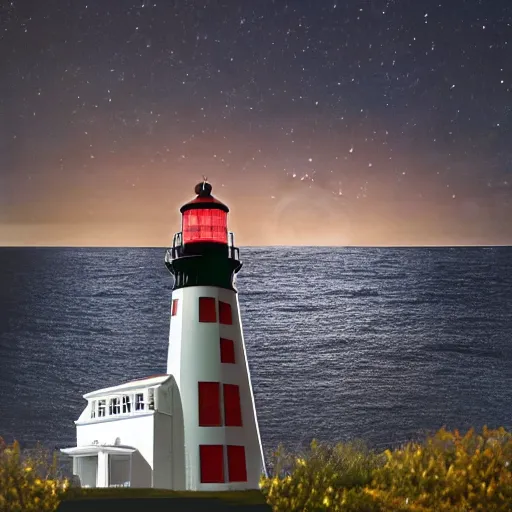 Image similar to A realistic photo of A red and white striped lighthouse shining out onto the sea; a white house with a red roof with the lights on inside; thin dark trees behind; nighttime with stars behind; full moon