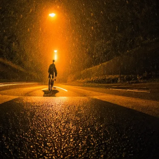 Image similar to first person viewpoint, night time POV, cyclist looking towards the end of a steep rain soaked suburban hilly road, night scene, wet road, filigrees of gold on the tarmac amber light, 90s