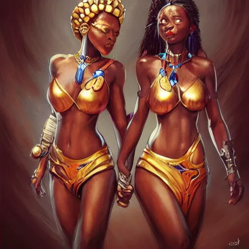 Prompt: beautiful Zulu goddesses holding hands, focused, worried, highly detailed, artstation, concept art, sharp, illustration, art by artgerm and Ross Tran