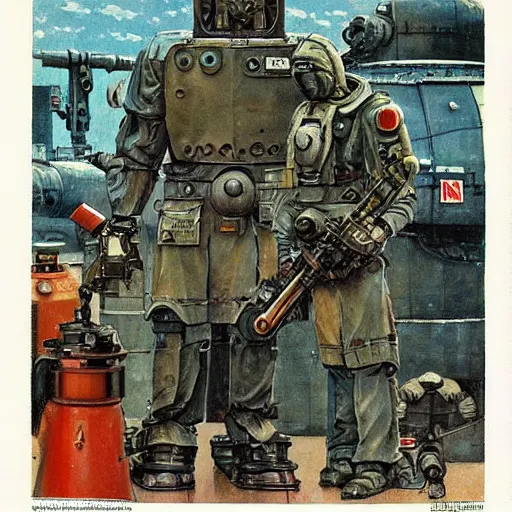 Image similar to Soviet mechs in the style of Norman Rockwell, sci-fi illustrations, highly detailed, award-winning, patriotic, soviet, ussr, dark, gritty, ink