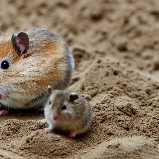 Prompt: Photo of a hamster making a big sandcastle, highly-detailed 4K award-winning