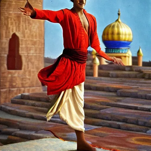Prompt: aladdin on his magic carpet flying through!!! scunthorpe 1 9 4 7 photograph colorized
