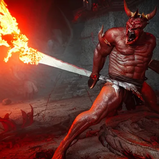 Image similar to Warrior Fighting Demon in Hell ultra detailed, insane detailes, hyper realistic, 8k, photo realistic, volumetric lighting, unreal engine, octane render