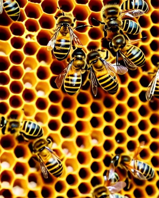 Image similar to bees on honeycomb close up bees nest, cinematic epic award winning photography of the honeybee on nest