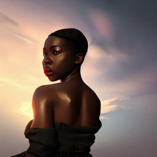 Prompt: a beautiful Cotton Mill black Girl, symmetrical, perfect body and face. dramatic angle, ornate, details, smooth, sharp focus, illustration, realistic, cinematic, artstation, award winning, rgb , unreal engine, octane render, cinematic light, macro, depth of field, blur, red light and clouds from the back, highly detailed epic cinematic concept art CG render made in Maya, Blender and Photoshop, octane render, excellent composition, dynamic dramatic cinematic lighting, aesthetic, very inspirational, arthouse by Henri Cartier Bresson