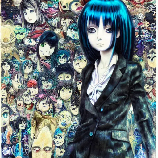 Image similar to yoshitaka amano realistic illustration of a sinister anime girl with big eyes and long wavy blue hair wearing dress suit with tie and surrounded by abstract junji ito style patterns in the background, blurred and dreamy illustration, noisy film grain effect, highly detailed, oil painting with expressive brush strokes, weird portrait angle