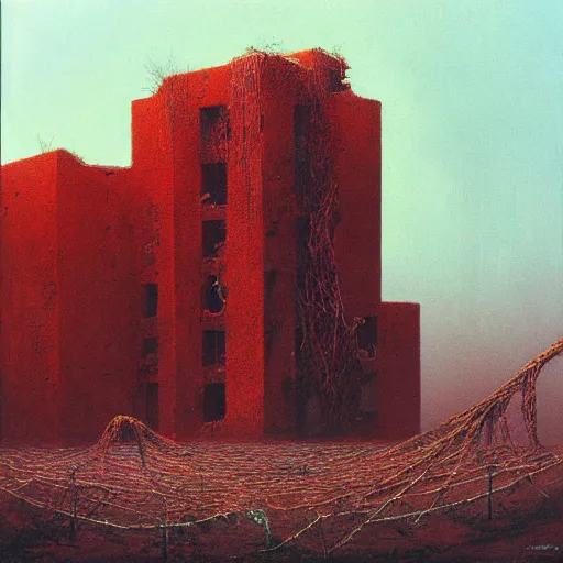 Prompt: surrealist painting of a brutalist building turning into meat, red webs, post apocalyptic, tropical landscape, painted by beksinski