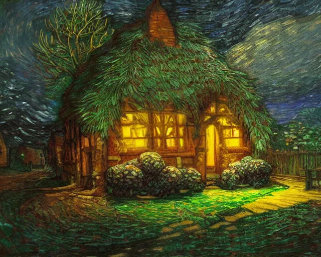 Image similar to mysterious detailed painting of a cozy english cottage in the woods at night, surrounded by giant glowing mushrooms, in the style of studio ghibli and moebius and claude monet and edward hopper and vincent van gogh