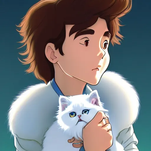 Image similar to teen boy with brown hair and big blue eyes, wearing a hoodie, fluffy white persian cat, natural lighting, path traced, highly detailed, high quality, cartoon, digital painting, by don bluth and ross tran and studio ghibli and alphonse mucha