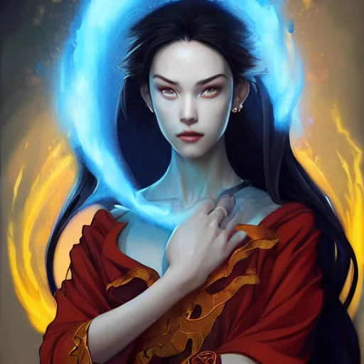 Image similar to Portrait of Fire Lord Azula, her left hand wreathed in blue flame, Avatar The Last Airbender, intricate, elegant, highly detailed, digital painting, artstation, concept art, smooth, sharp focus, illustration, art by artgerm and greg rutkowski and alphonse mucha and andrei riabovitchev