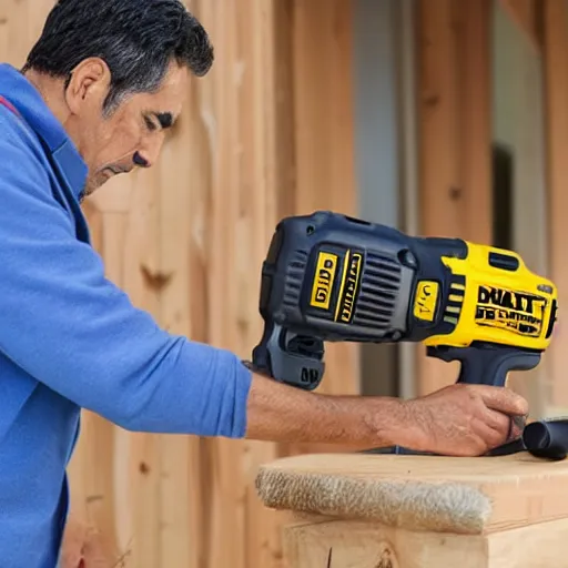 Image similar to latino man using cordless power tool made by dewalt