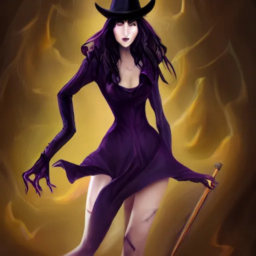 Prompt: Full-body Portrait of a female occult magician with dark purple hair, oversized witch hat, scars on face, character design, accentuated feminine features, slender female proportions, realistic face, detailed face, symmetrical face, digital painting, anime visual style, game art, soft lighting, tonemapping, highly detailed, sharp focus, heavy contour lines, realism, vibrant colors, ArtStation, trending on ArtStation, DeviantArt, Zeronis