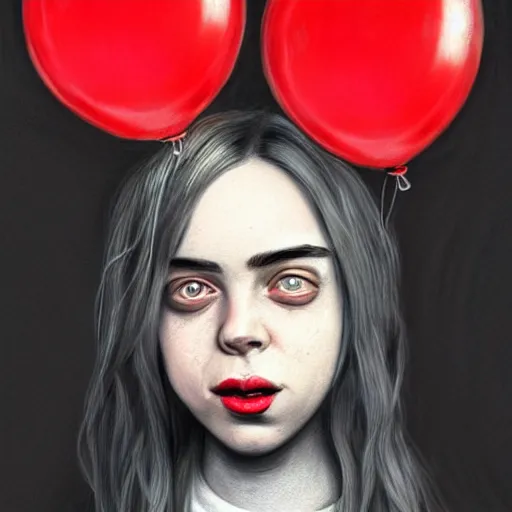 Prompt: surrealism grunge cartoon portrait sketch of billie eilish with a wide smile and a red balloon by - michael karcz, loony toons style, comic book style, horror theme, detailed, elegant, intricate