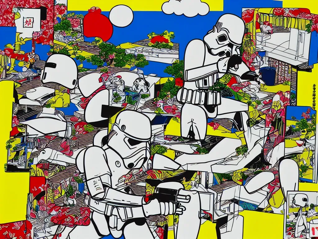Image similar to hyperrealistic composition of the japanese home with a garden, stormtrooper in hot springs, pop - art style, jacky tsai style, andy warhol style, roy lichtenstein style, rich palette, acrylic on canvas