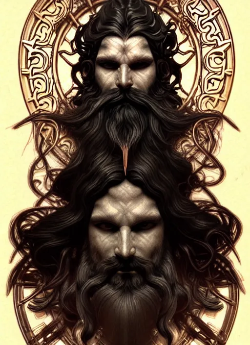 Prompt: furious god zeus, wavy black hair, bushy beard, glowing eyes, thunder forehead tattoo, volumetric lights, rose gold scheme, art nouveau botanicals, gothic, intricate, highly detailed, digital painting, artstation, concept art, smooth, sharp focus, symmetric face, illustration, steampunk, art by artgerm and greg rutkowski and alphonse mucha