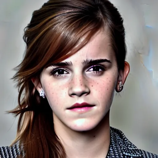 Prompt: A photo of tough looking emma watson. she has rings on his fingers. 50 mm.