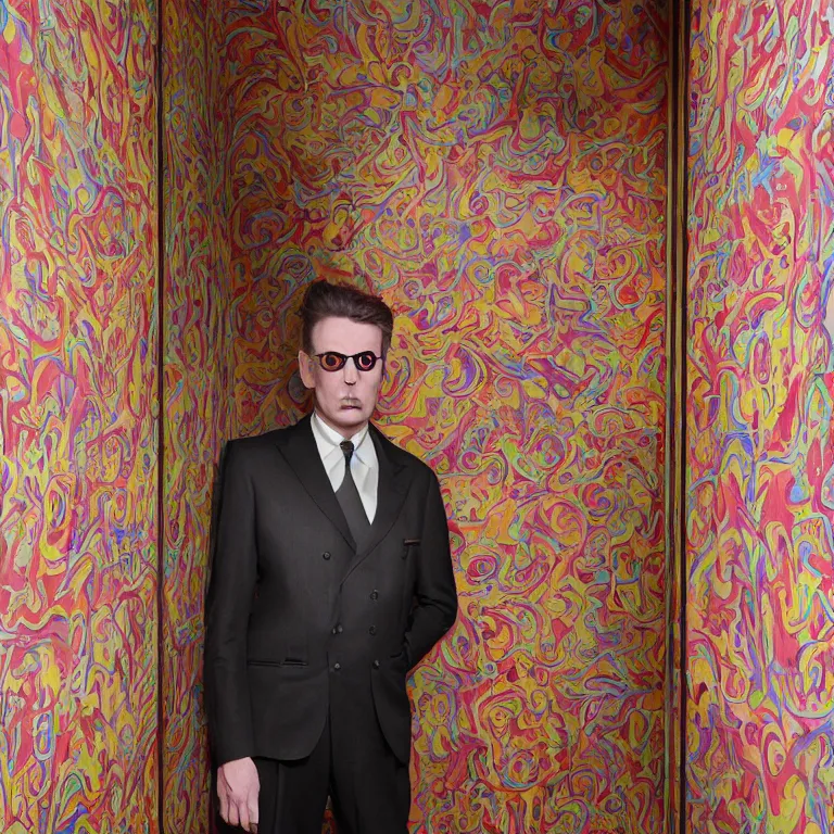 Image similar to vogue professional octane render portrait by wayne barlow and carlo crivelli and glenn fabry, a sinister man in a bright colorful patterned pastel wes anderson elevator operator costume inside a dark and moody vintage elevator in a high - end exotic vintage boutique hotel, very short depth of field, bokeh