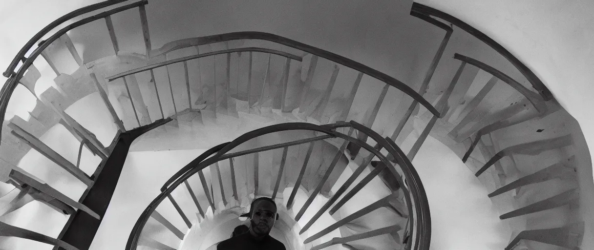 Image similar to frank ocean building a spiral staircase in the centre of the room, greyscale,