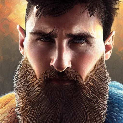 Image similar to Messi with a majestic beard, closeup, D&D, fantasy, intricate, elegant, highly detailed, digital painting, artstation, concept art, matte, sharp focus, illustration, art by Artgerm and Greg Rutkowski and Alphonse Mucha