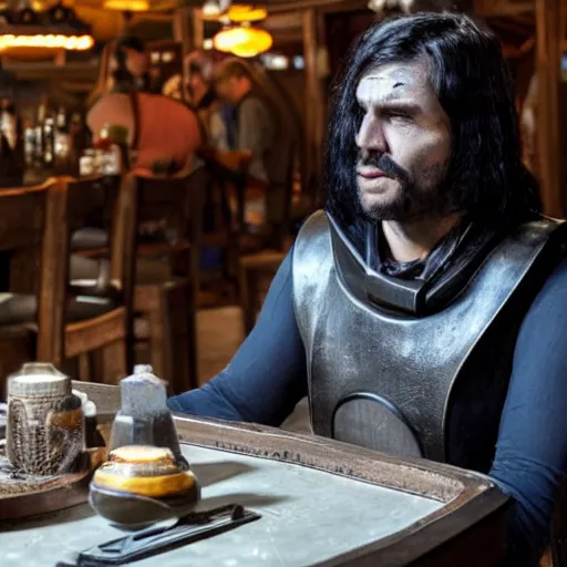 Image similar to wrenga jixton sitting at a table in a bar on tatooine, movie still, human with long black hair and a black leather vest