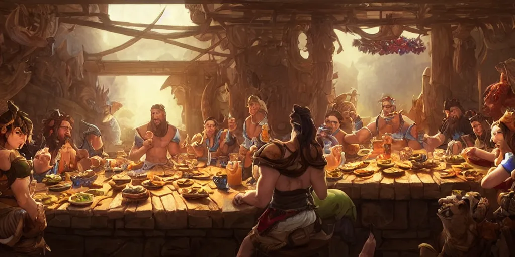 Prompt: a hyperrealistic render of a group of barbarians eating at a tavern, indoor, art by Artgerm and Greg Rutkowski and Alphonse Mucha, hearthstone art style, epic fantasty card game art, Beautiful dynamic dramatic moody lighting, shadows, cinematic, Octane, 8K