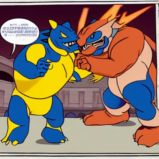 Prompt: blastoise punching charizard in the face, wrestling ring