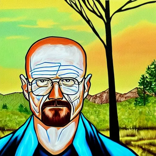 Image similar to an optical illusion painting of Walter white amidst a painting of trees water and sky