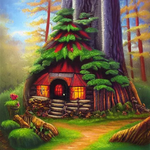 Image similar to elf magical forest wood cabin with a chimney, oil painting