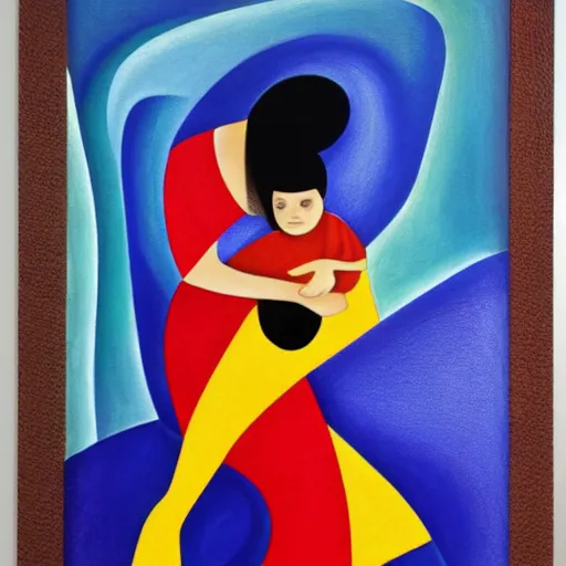 Prompt: woman hugs a child in the moonlight protecting him from the gathering storm, high quality art in the style of cubism and georgia o’keefe,