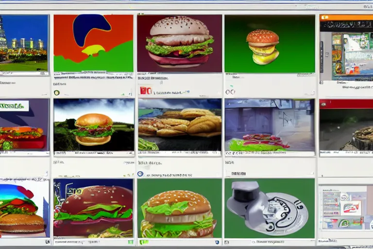 Image similar to hamburger themed gnu / linux desktop environment, linux mint, in 1 9 9 5, y 2 k cybercore, hamburger os, desktop screenshot